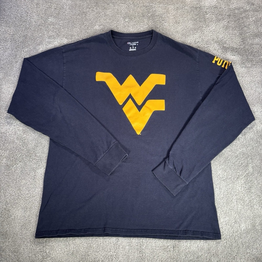 West Virginia Mountaineers T Shirt Mens L Blue Long Sleeve Big Logo Champion